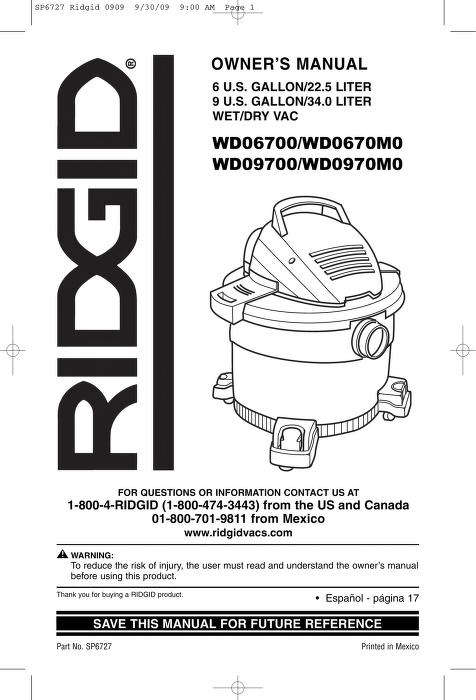 RIDGID WD0670M0, WD09700, WD06700, WD0970M0 Owner's manual : Free